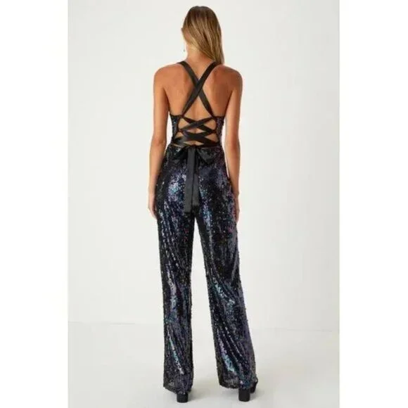 🪩💋70s GLAM DISCO ERA!💋🪩 High-Shine Iridescent Black Sequin Lace-Up Jumpsuit - Picture 4 of 10